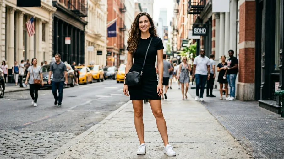Fitted Black Mini Dress with White Sneakers