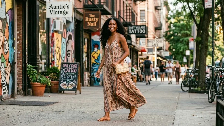 Printed Maxi Dress with Flat Sandals