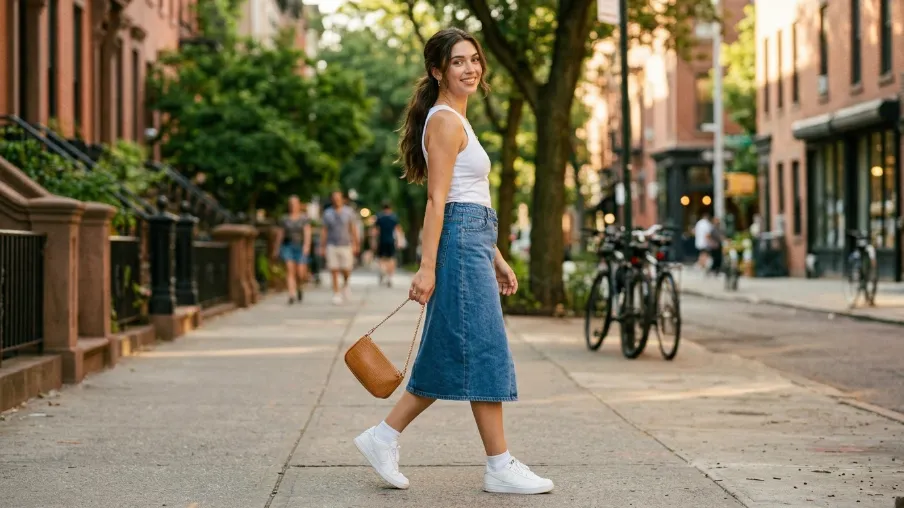 Denim Midi Skirt with a Simple Top and Sneakers
