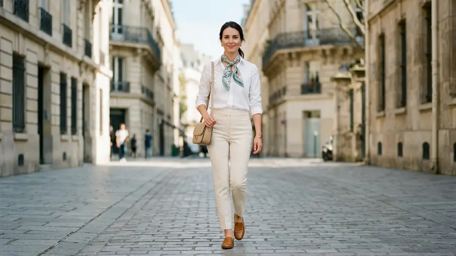 White Button-Up With a Silk Scarf at the Neck