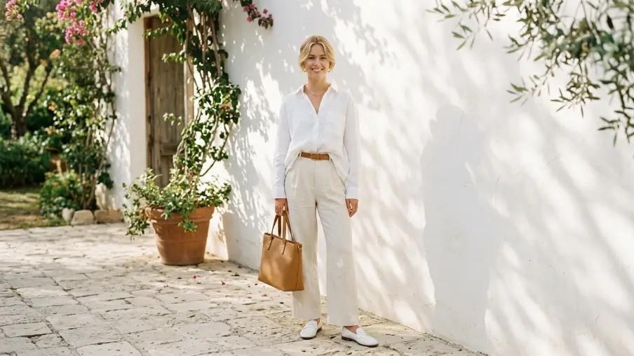 Oversized Linen Shirt Tucked Into High-Waisted Trousers