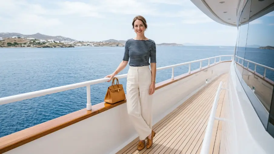 Striped Boatneck Top With Cream Wide-Leg Trousers