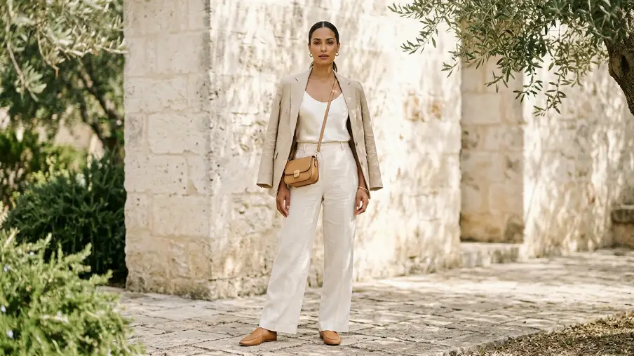 Beige Linen Blazer Draped Over Wide-Leg Trousers