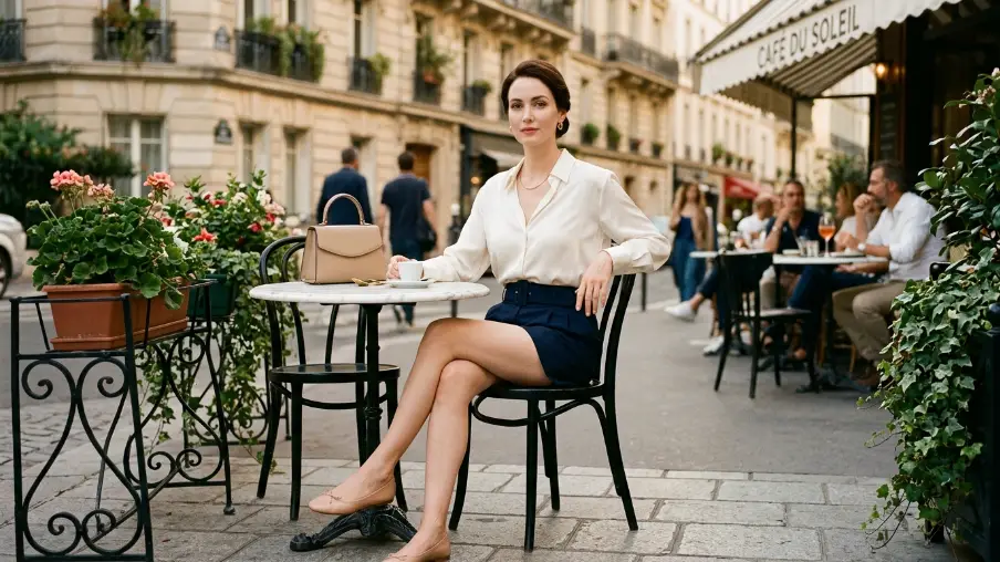 Tailored Navy Shorts With a Silk Blouse