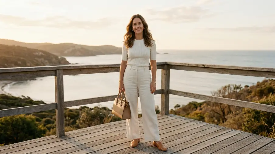 Cream Knit Top With Wide-Leg Linen Trousers