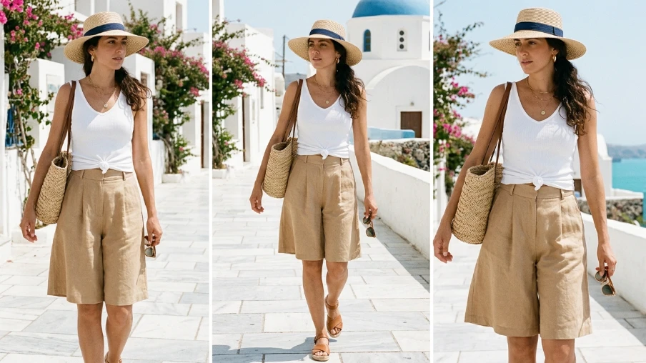 Chic Vacation Outfit with Wide-Leg Shorts and a Fitted Top
