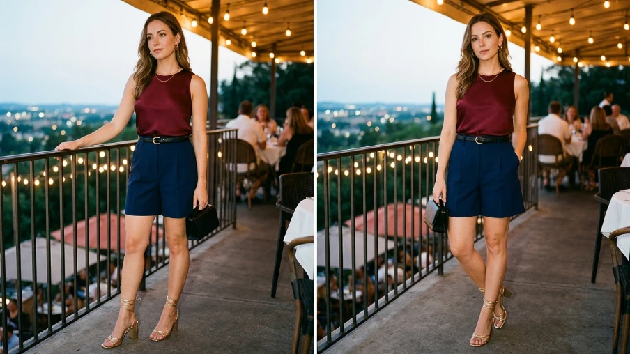 Tailored Shorts with a Tucked Silk Top for an Evening Look