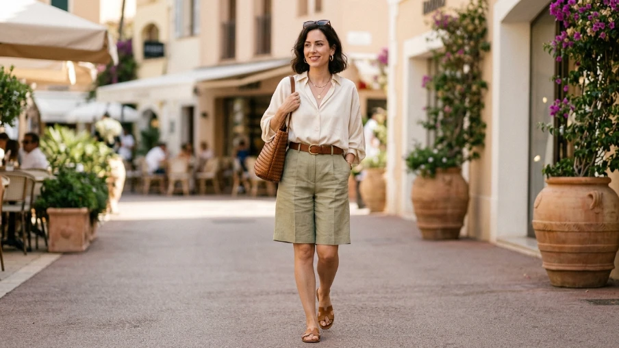 Bermuda Shorts with a Draped Blouse