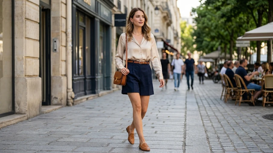 High-Waisted Shorts with a Silk or Satin Blouse