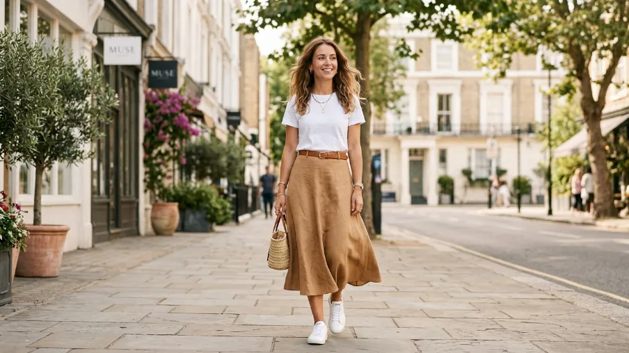 The Classic White Tee and Midi Skirt Combination