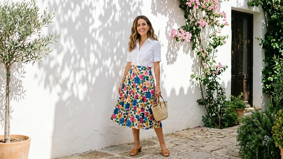 Printed Skirt with a Neutral Top