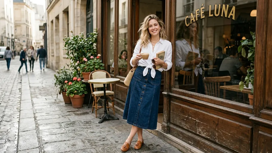 Denim Skirt with a Button-Down Shirt