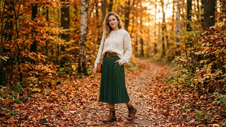  Pleated Skirt with a Chunky Knit Sweater
