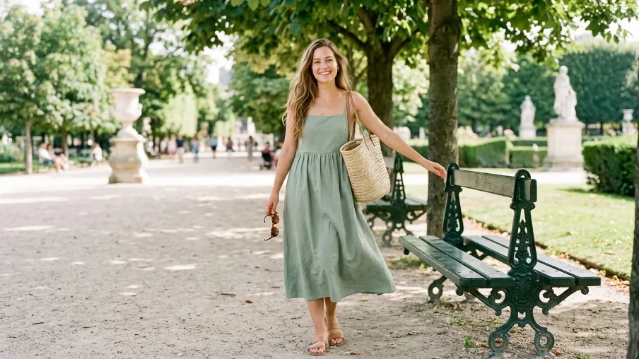 Simple Sundress with a Woven Bag and Flat Sandals