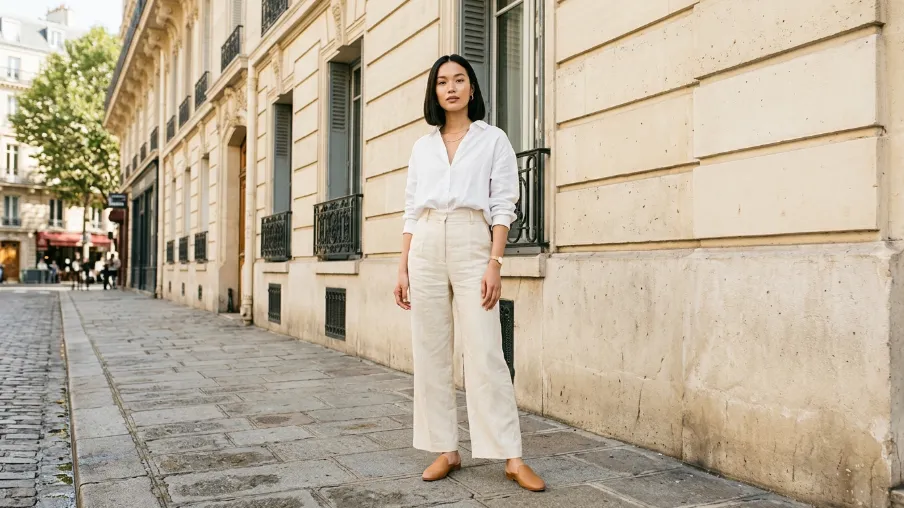 6. High-Waisted Wide-Leg Trousers with a Tucked Linen Shirt