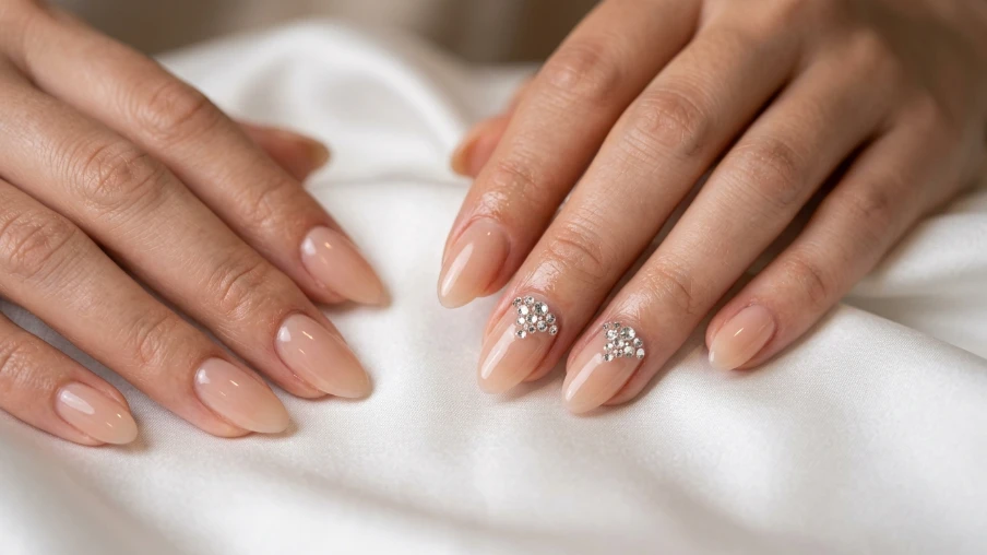 Soft Glam Short Nails with Rhinestones
