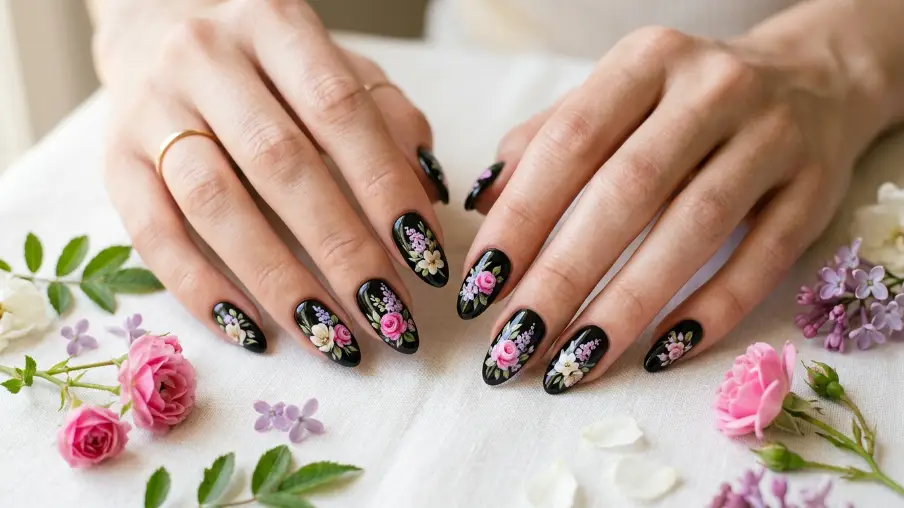 Glossy Black with Hand Painted Spring Florals