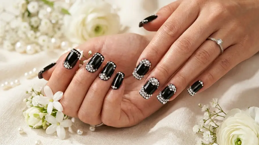 Black Nails with Rhinestone Detail