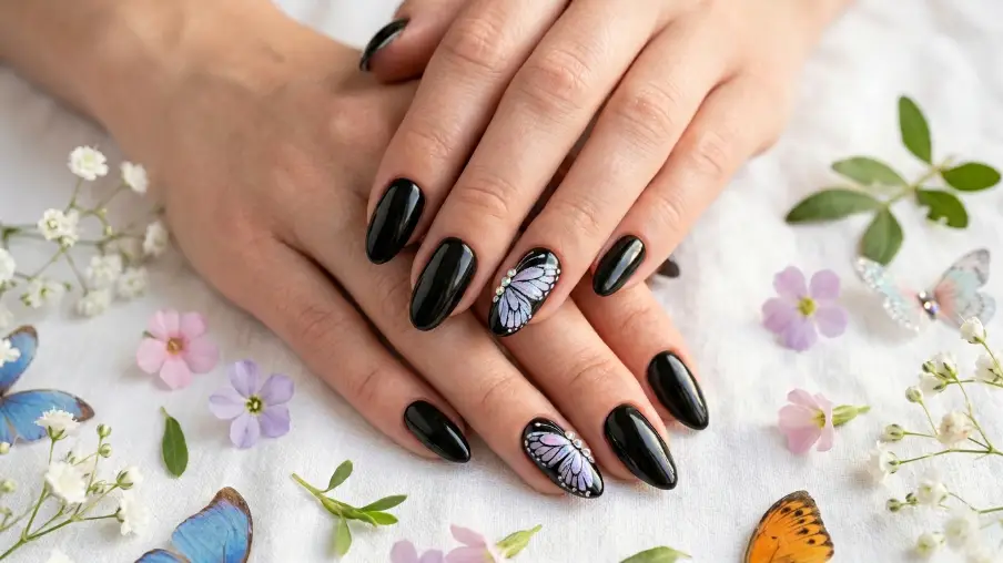 Black Spring Nails with Butterfly Accents
