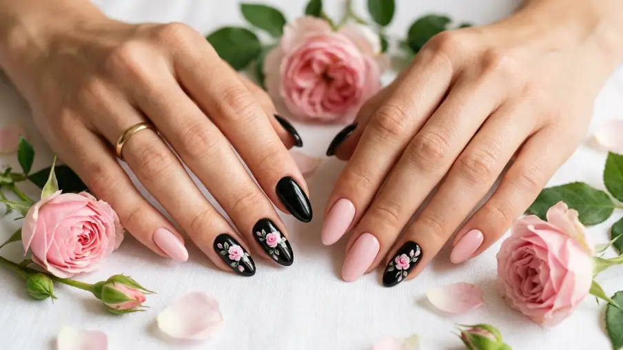 Black and Pink Spring Nails