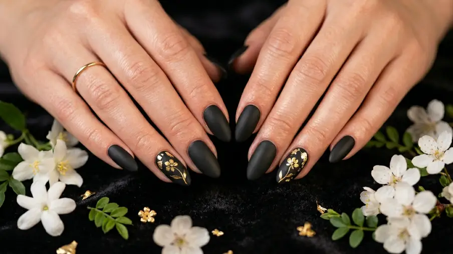 Black Nails with Gold Floral Accents