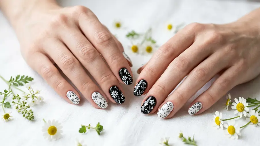 Black and White Spring Nail Art