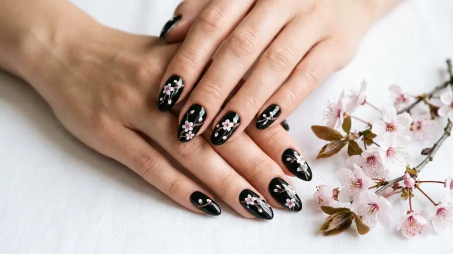 Black Nails with Cherry Blossom Art