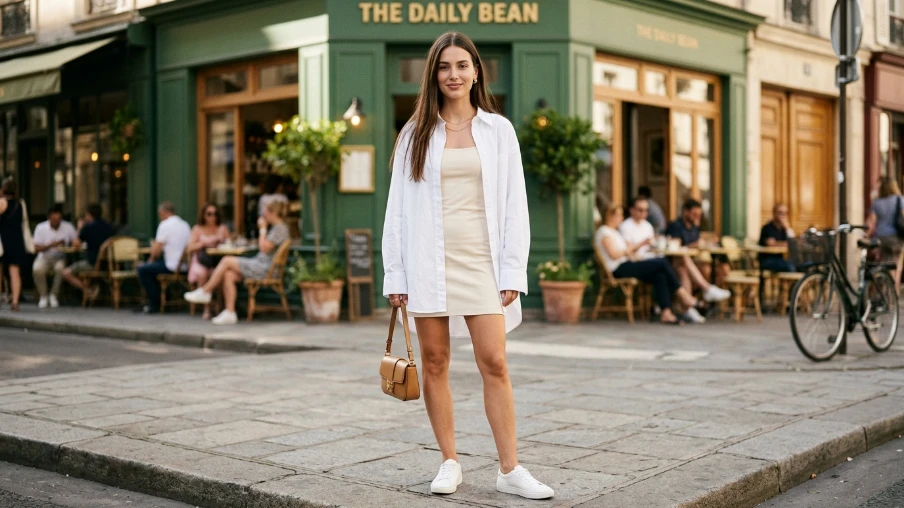 Summer Layering Outfit: Fitted Dress Under an Open Button-Down