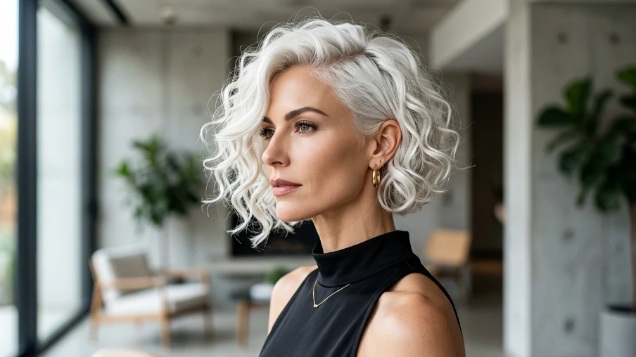 Chic Platinum Curly Hair Bob with Side Sweep