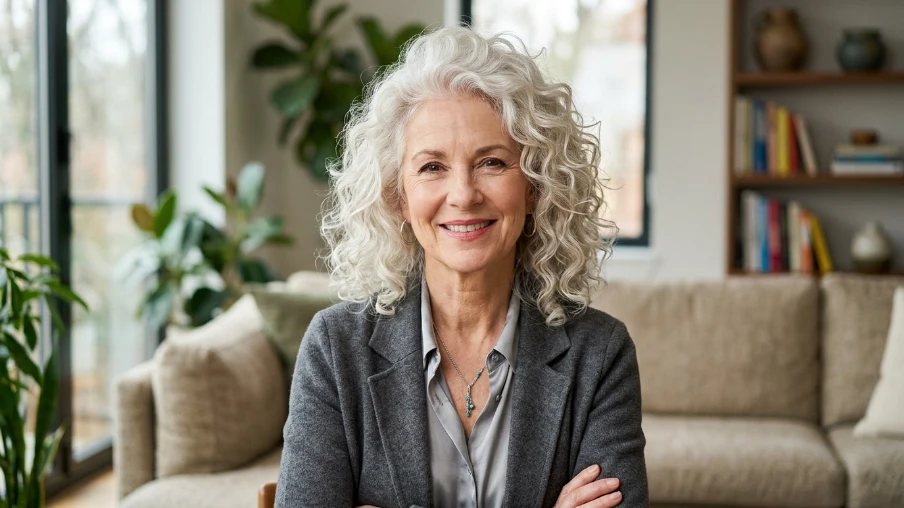 Soft Voluminous Curly White Hairstyle for Women Over 50