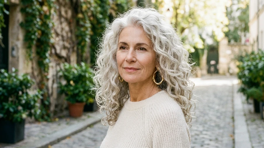 Naturally Curly White Hair with a Center Part