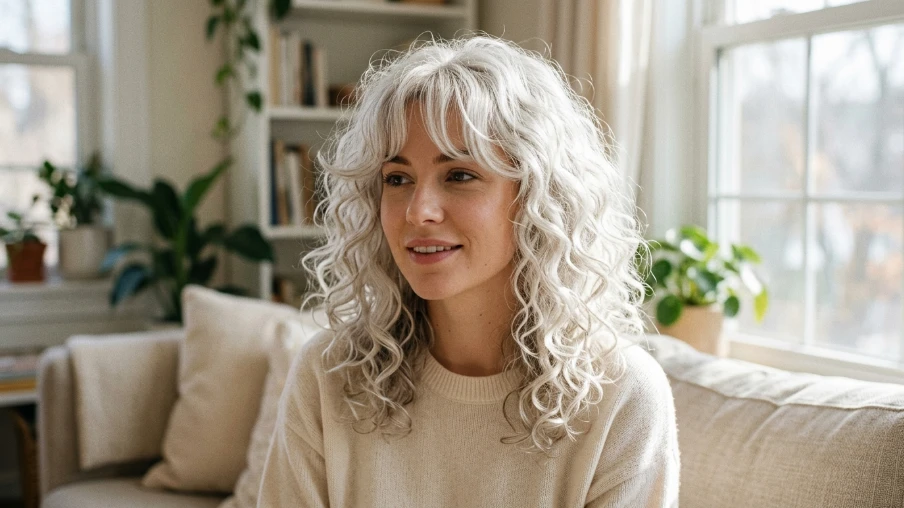 White Curly Hair Aesthetic with Curtain Bangs