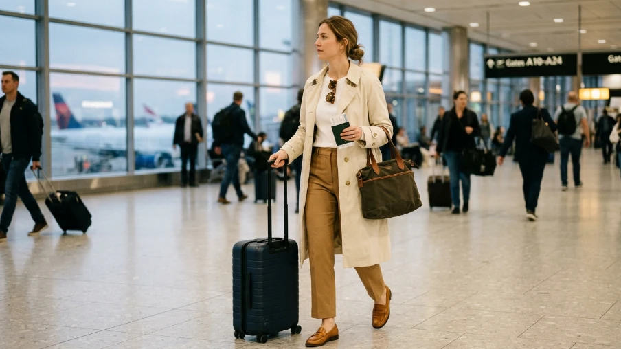  Neutral Tone Travel Outfit With a Trench Coat