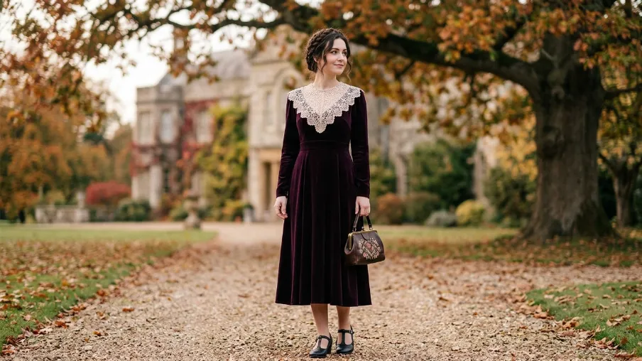 Vintage Velvet Dress with Lace Collar