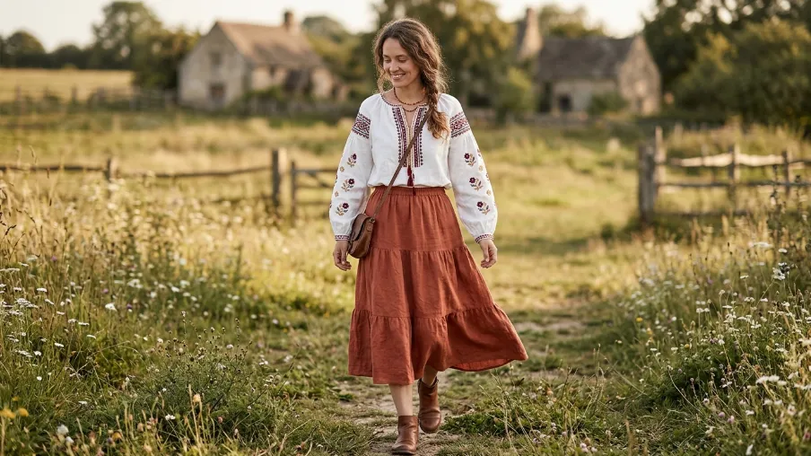 Embroidered White Blouse with Flowing Skirt