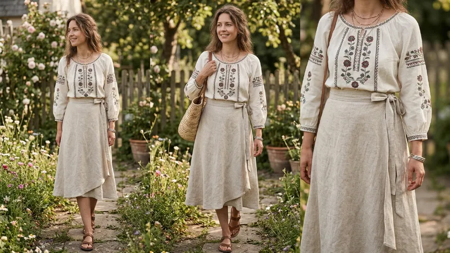 Linen Wrap Skirt with Embroidered Top