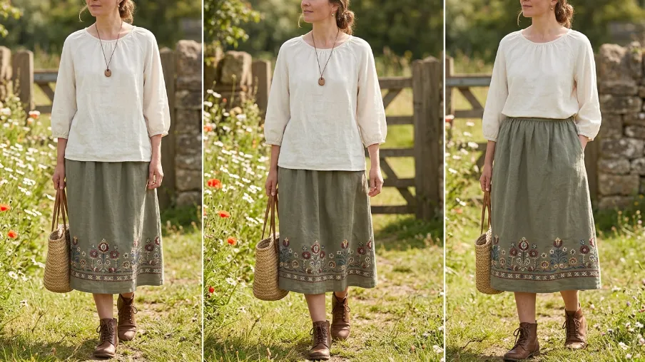 Pastoral Style Blouse with Embroidered Hem Skirt