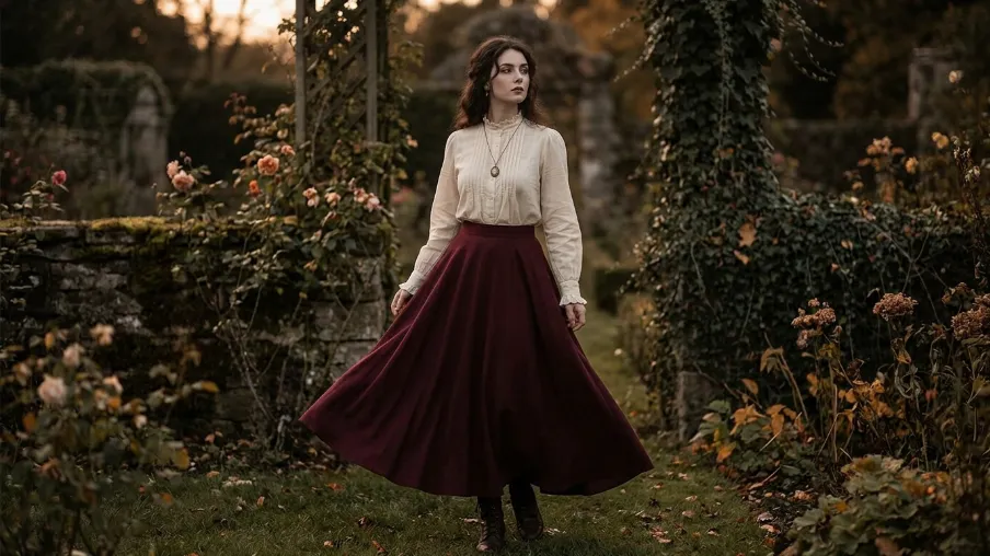  Romantic Vintage Blouse with Dark Maxi Skirt