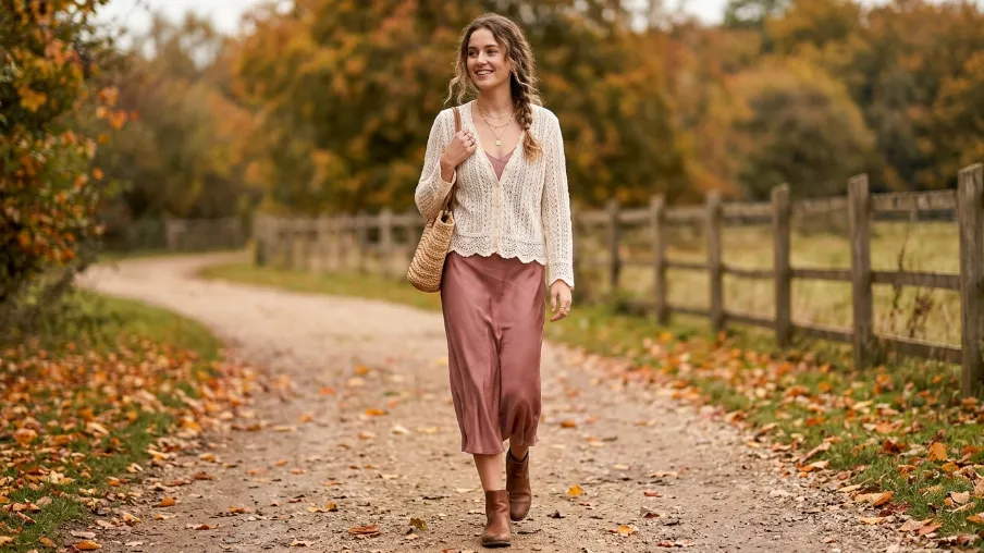 Lace Cardigan with Midi Skirt and Ankle Boots