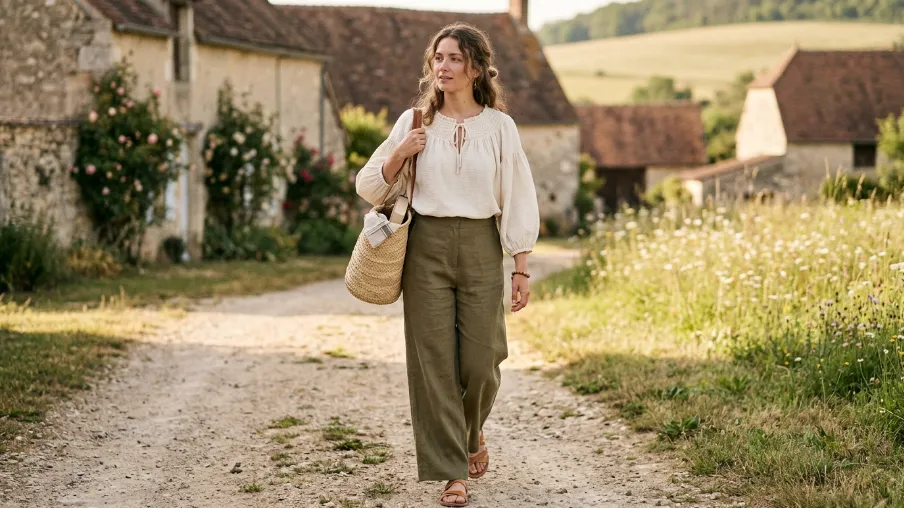 Peasant Blouse with Wide Leg Linen Trousers