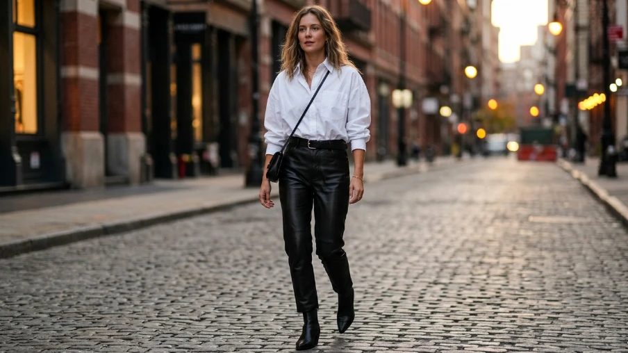 Oversized Shirt with Leather Trousers