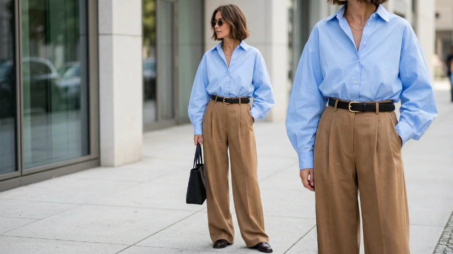 Oversized Shirt Tucked into Wide-Leg Trousers