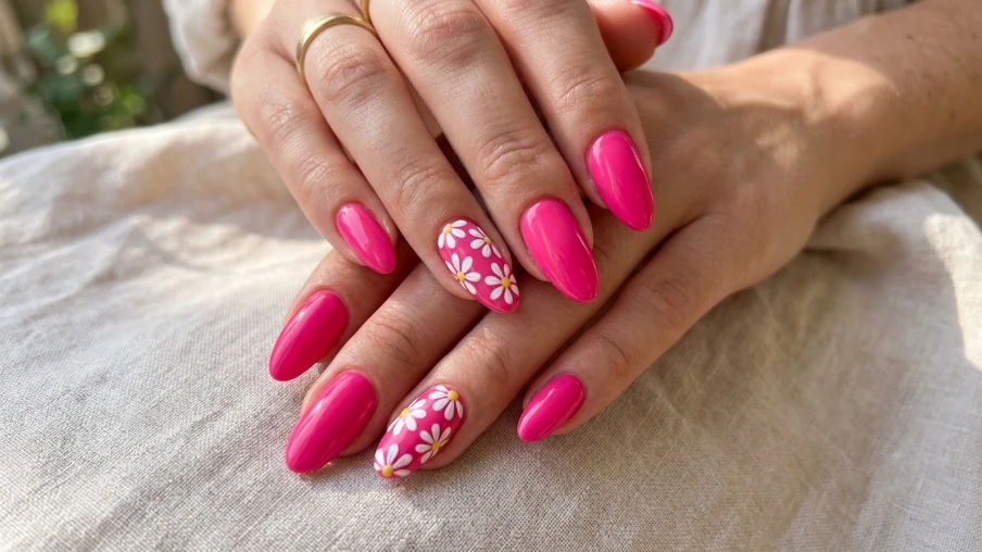 Hot Pink Nails with Floral Art