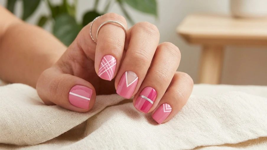 Pink Nail Art with Geometric Designs