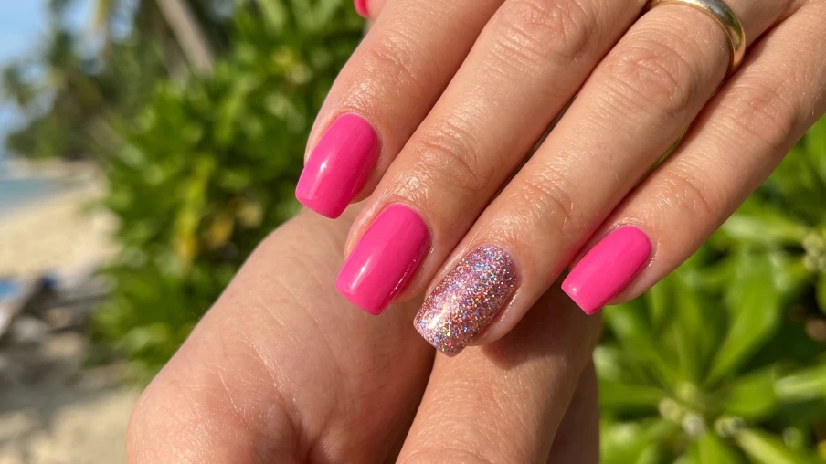 Pink Summer Nails with Glitter Accent