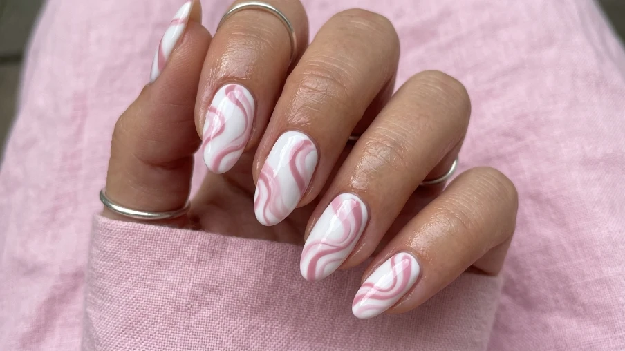 Pink and White Swirl Nail Art