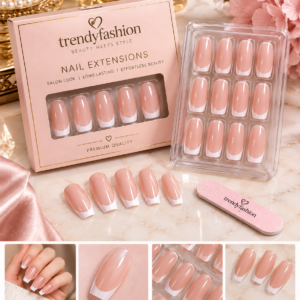 TrendyFashion nude-pink nail extensions with an elegant glossy French-tip style.