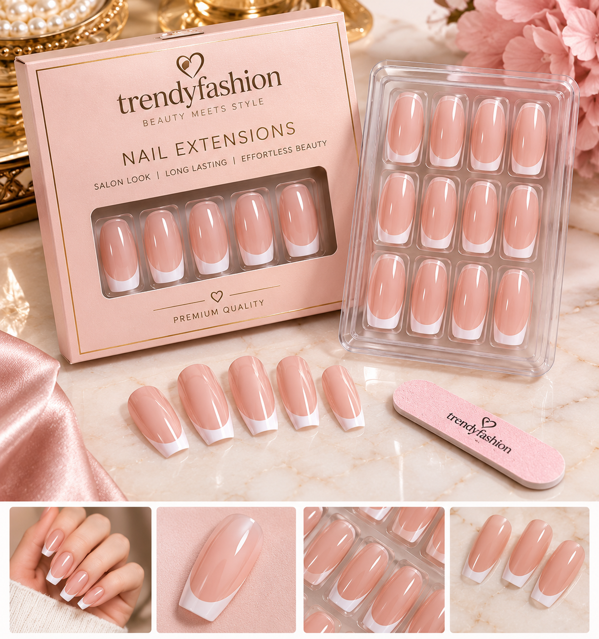 TrendyFashion nude-pink nail extensions with an elegant glossy French-tip style.